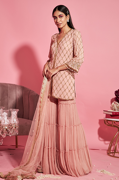 Pink Shirt and Tiered Sharara Set - Main Image