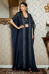 Blue Bustier, Dhoti Pants and Cape Set