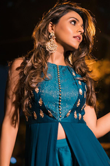 Teal Green Front Open Anarkali with Chanderi Pants