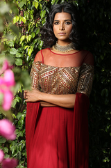 Maroon Cape Sleeves Gown