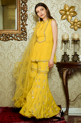 Mustard Kurti with Embroidered Flared Pants Set