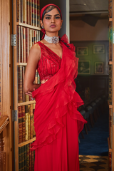 Red Pre Stitched Ruffled Saree with Blouse