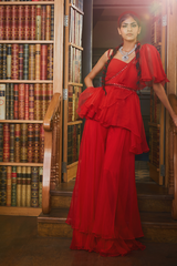 Red One Shoulder Ruffle Top and Palazzo Set