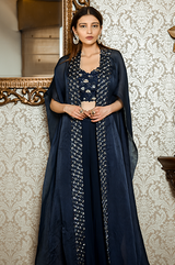 Blue Bustier, Dhoti Pants and Cape Set