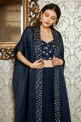 Blue Bustier, Dhoti Pants and Cape Set