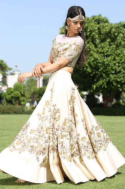 Ivory Embroidered Crop Top Lehenga Set - Main Image