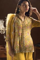 Mustard Shirt with Tiered Sharara and Cutwork Dupatta