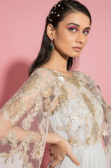 Grey Embroidered Gown with Attached Sleeves