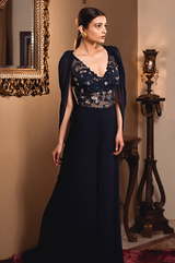 Blue Jumpsuit with Attached Drape