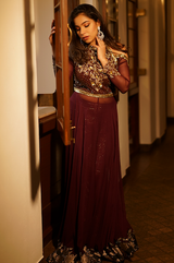 Wine Yoke High Neck Gown With Sequenced Pants