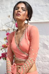 Peach wrap around crop-top skirt set