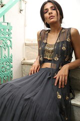 Charcoal Grey Tiered Skirt with Embroidered Cape Set