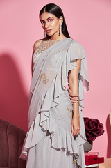 Grey Embroidered Ruffle Saree and Blouse