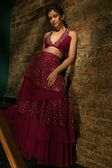 Burgundy Layered Lehenga and Bustier Set