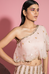 Nude Pink Mermaid Lehenga and One Shoulder Cape Top Set