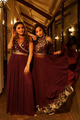 Wine Yoke High Neck Gown With Sequenced Pants