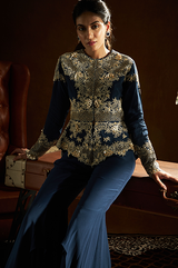 Blue Peplum Jacket Flared Pants Set