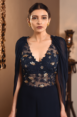 Blue Jumpsuit with Attached Drape