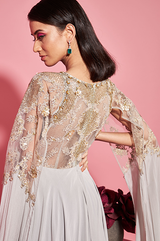 Grey Embroidered Gown with Attached Sleeves