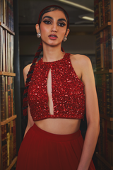 Amna Sharif in Red Halter Sequins Embellished Blouse and Lehenga Set