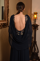 Blue Jumpsuit with Attached Drape