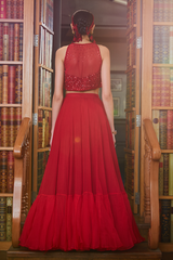 Amna Sharif in Red Halter Sequins Embellished Blouse and Lehenga Set