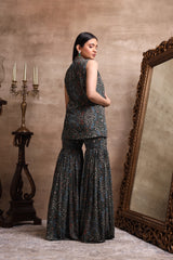 Green Short Kurta with Print Jacket and Flared Pants Set