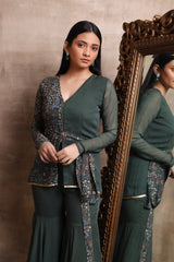 Green Printed Peplum with Sharara Pants Set