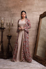 Red Printed Cape with Top and Plazo set