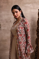 Red Printed Cape with Top and Plazo set