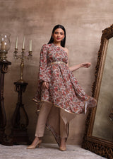 Red Printed Asymmetric Kurta with Straight Pant Set