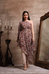 Red Printed Asymmetric Kurta with Straight Pant Set