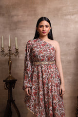 Red Printed Asymmetric Kurta with Straight Pant Set