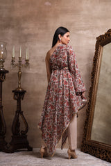 Red Printed Asymmetric Kurta with Straight Pant Set