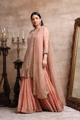 Rose Gold Embroidered Kurta and Tiered Sharara Set