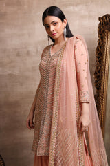Rose Gold Embroidered Kurta and Tiered Sharara Set