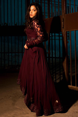 Wine Gown With Velvet Floral Embroidery