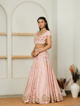 SOFT PINK MULTI COLOR EMBROIDERED RUFFLE BLOUSE AND LEHENGA SET
