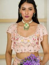 SOFT PINK MULTI COLOR EMBROIDERED RUFFLE BLOUSE AND LEHENGA SET