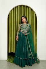 TEAL GREEN FRONT OPEN LONG JACKET AND SKIRT SET