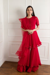 Red Tonal Embroidered Double Sharara Peplum Set