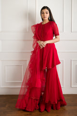 Red Tonal Embroidered Double Sharara Peplum Set