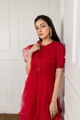 Red Tonal Embroidered Double Sharara Peplum Set
