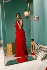 Red Tonal Embroidered Ruffle Saree
