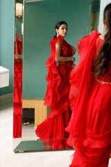 Red Tonal Embroidered Ruffle Saree