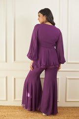 Purple Peplum With Balloon Sleeves and Organza Ruffle Set