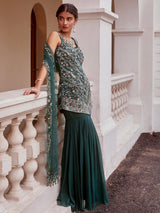 Teal green Short Shirt with Sharara and Dupatta Set
