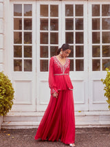 Fuchsia Fringe Peplum with Flared Palazzo Set
