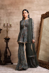 Green Printed Flared Kurta and Sharara Pants Set
