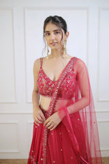Meher in  Fuchsia Three Tiered Lehenga with Blouse and Dupatta Set